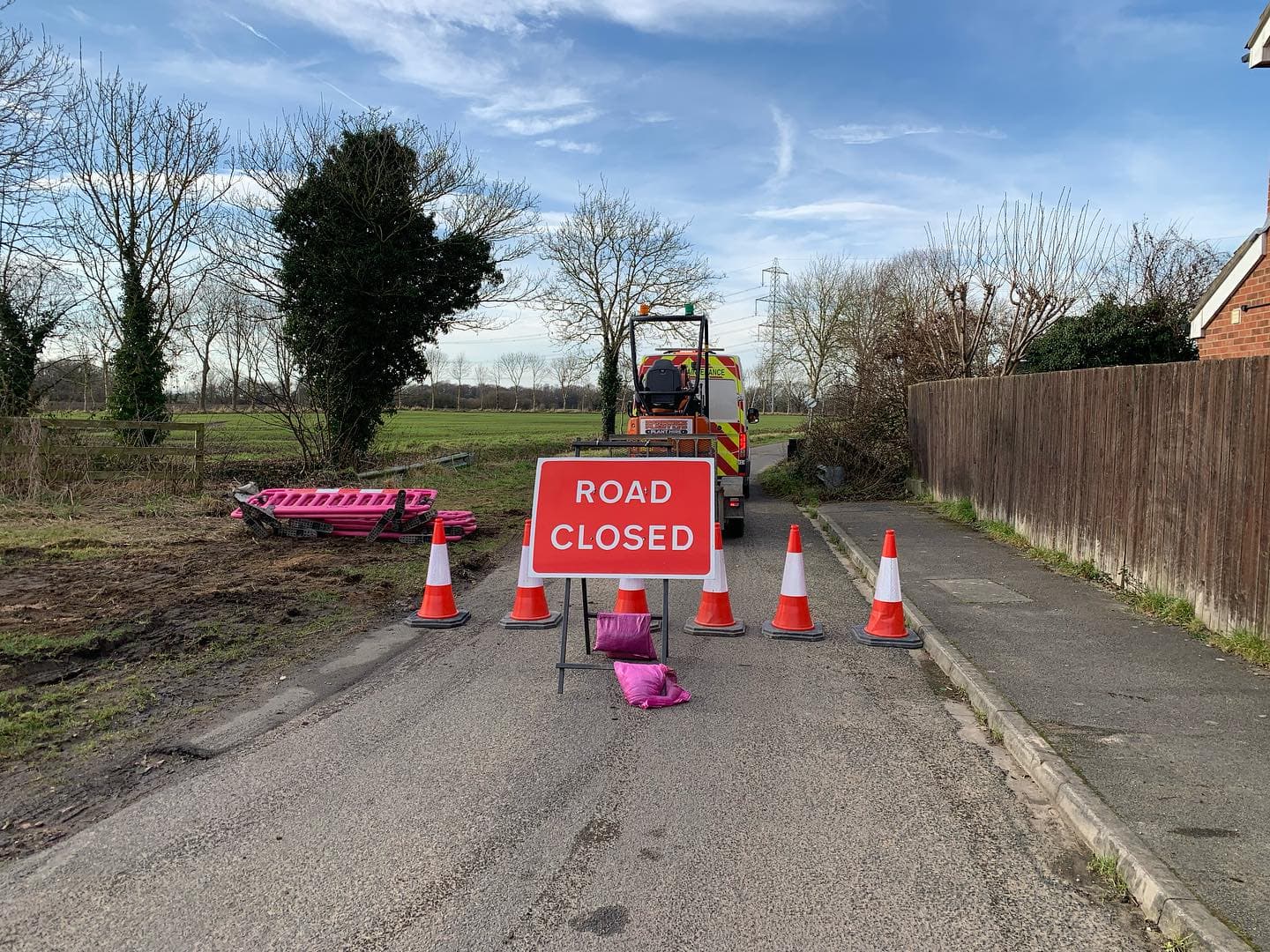 Road closed by UK Drainage Services to carry out repair work