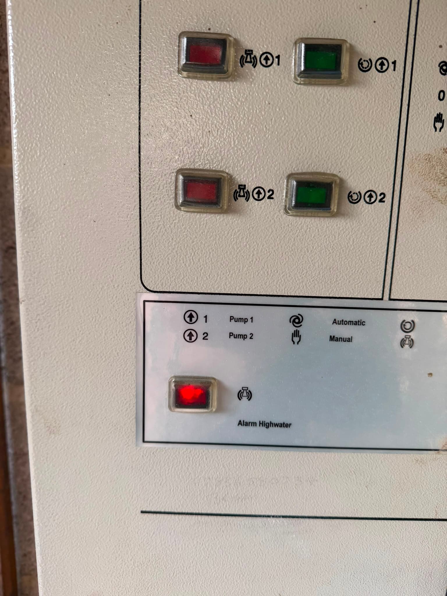 Pump station control panel showing the high-water alarm activated