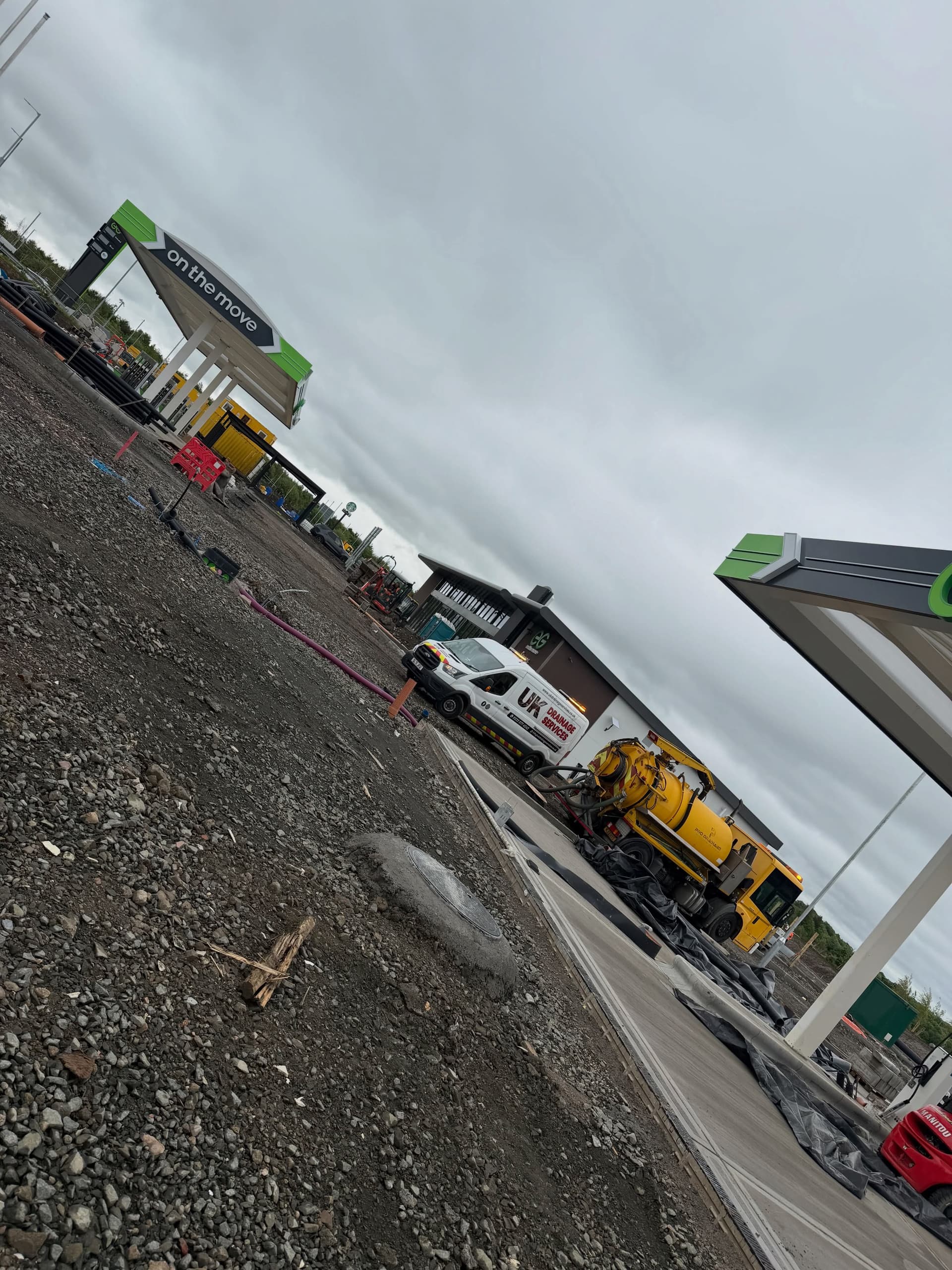 Full site jet clean underway at the Stepps petrol filling station before tarmac was laid